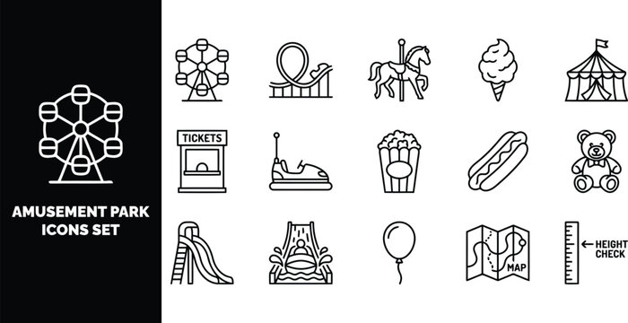 Amusement park set featuring ferris wheel, roller coaster, carousel horse, circus tent, food, and carnival attractions in line