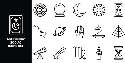 Astrology and zodiac set featuring tarot cards, crystal ball, celestial bodies, constellations, and esoteric symbols in line © ico-vect