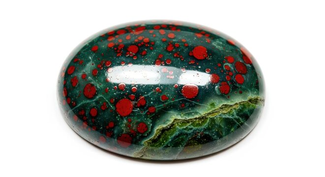 Polished Bloodstone Heliotrope Gemstone Cabochon with Red Spots Isolated on White Background for Jewelry Design