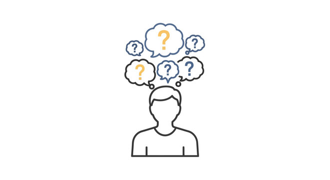 Person with many question marks in thought bubbles above head