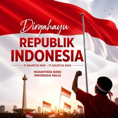 Indonesia Independence Day Celebration: Red and White Flag, Monas Tower, Cheering Crowd, 79th Anniversary