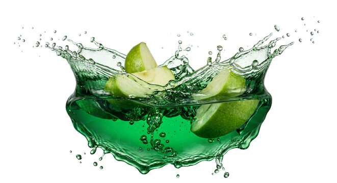 Crisp green apple slices splashing into clear juice isolated on white background