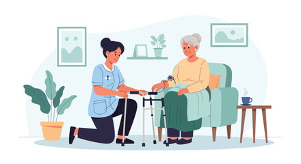 Fototapeta premium Nurse assisting elderly woman with walker in cozy room, healthcare illustration