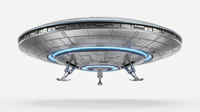 Futuristic flying saucer alien ship with glowing rings and landing gear 3D rendering