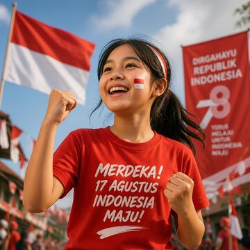 Joyful Indonesian child celebrating Independence Day with flag and festive banners
