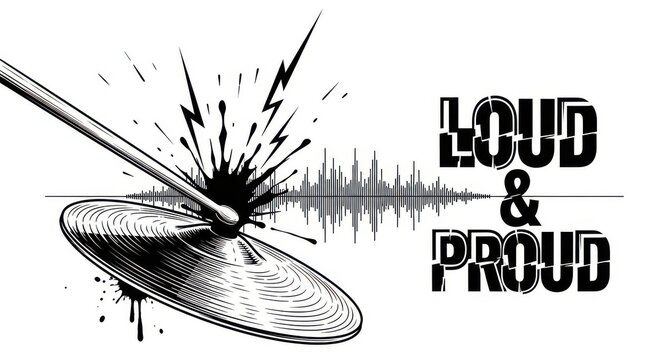 Energetic Black and White Music Graphic Featuring Drumstick Hitting Cymbal with Loud and Proud Text
