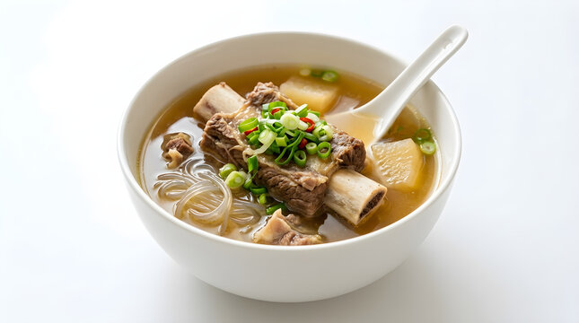 Delicious Korean Galbi Tang (Beef Short Rib Soup) with Daikon Radish and Noodles, Garnished with Green Onions