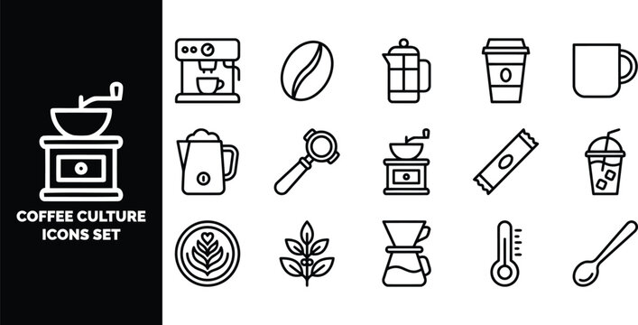 Set of coffee culture line featuring brewing equipment, beans, cups, and barista tools on a white and black background