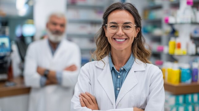 Female pharmacist standing behind the pharmacy counter holding a set of keys, smiling and ready to assist customers. Shelves with medicines and healthcare products in the background