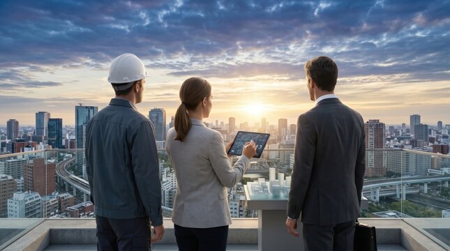 Engineers and architects discussing construction project on rooftop overlooking city skyline, urban planning and real estate development teamwork concept.