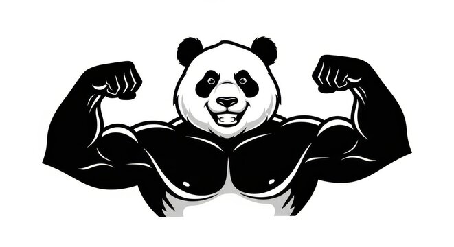 Strong Panda Character with Huge Muscles Flexing Biceps, Black and White Vector Mascot for Sports and Fitness
