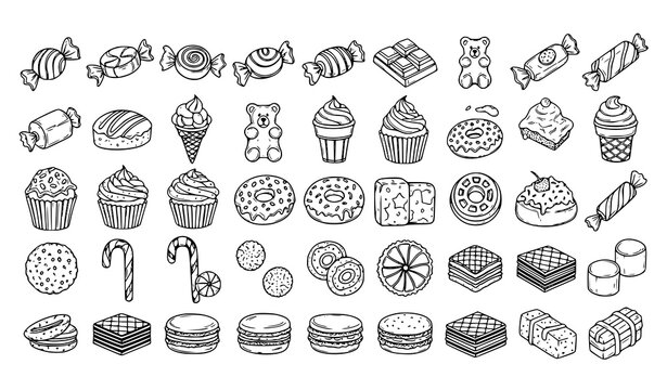 Cute Sweet Treats Doodle Icons Black and White Hand Drawn Candy Vector Set