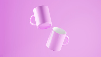 Double Pink Purple floating mugs on a Pink Purple background. bright studio lighting © jayed