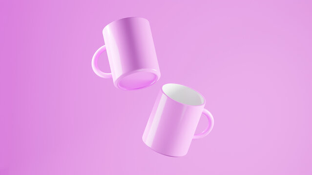 Double Pink Purple floating mugs on a Pink Purple background. bright studio lighting
