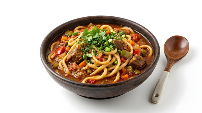 Authentic Uzbek Lagman noodle soup with beef and vegetables in a bowl, isolated on a pure white background