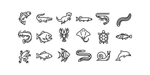 Icon set collection of various aquatic animals, marine life, and freshwater creatures designed with clean minimalist line art. © Raka Firdaus 