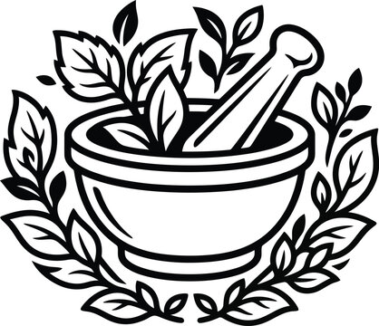 Black and white illustration of a mortar and pestle surrounded by leaves