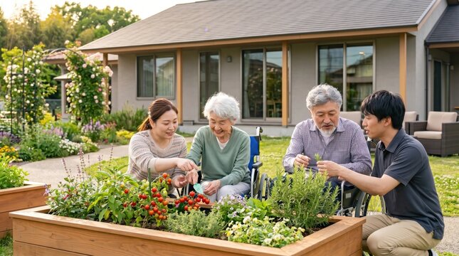Happy multi-generation family gardening together in backyard, senior couple and adult children planting flowers in raised bed, active retirement lifestyle, home care concept