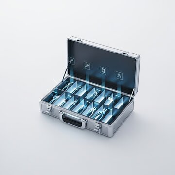 Futuristic Mechanical Tool Case with Blue Internal Circuit Glow Smart Hardware Storage