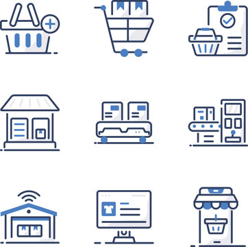 Shopping, cart, warehouse, storage, sorting, automation, online store, mobile store line icons.
