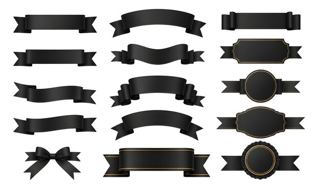 Set of black ribbon banners and blank labels for product promotion marketing design elements including bows and circular badges with golden stitch details isolated on white background collection.