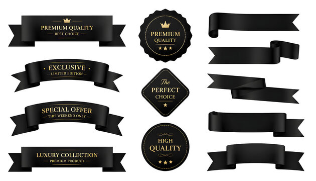 Luxury black and gold label collection featuring premium quality stickers exclusive edition badges and special offer banners for high end product marketing campaign design elements on white surface.