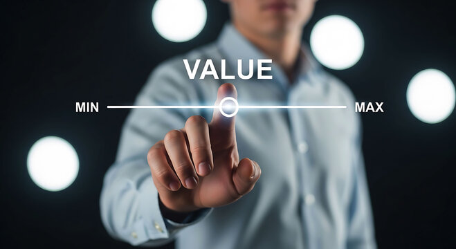 Businessman sliding scale to increase value from minimum to maximum level concept