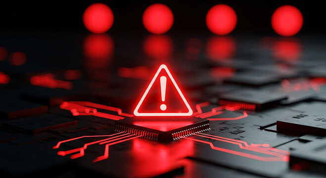 Red glowing warning alert triangle icon on computer microchip cyber security concept