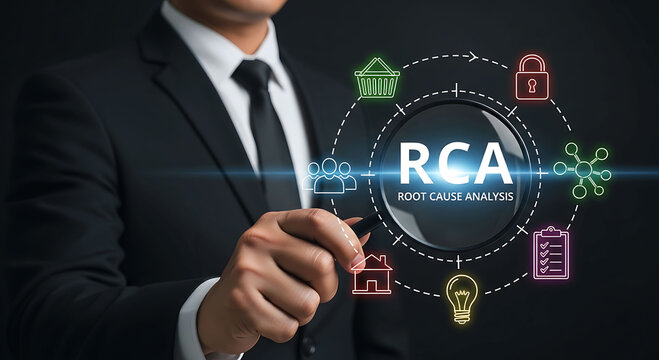 Businessman holding magnifying glass focusing on RCA root cause analysis concept