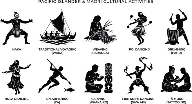 Pacific islander and maori cultural activities icon set of traditional practices with islander tradition activities silhouettes heritage ceremony woodwork performance lifestyle illustration