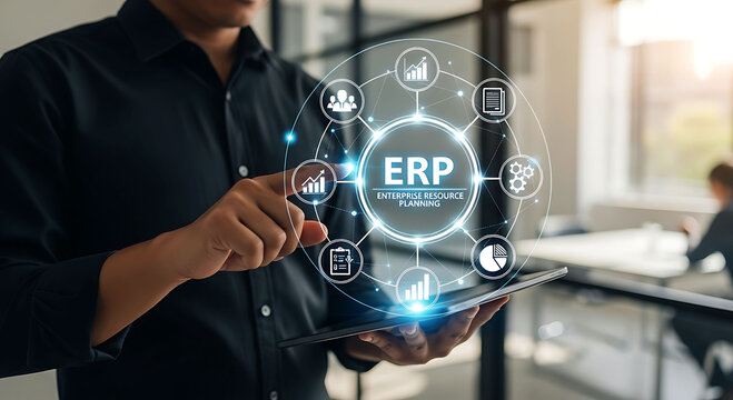 Businessman using tablet for enterprise resource planning ERP software system