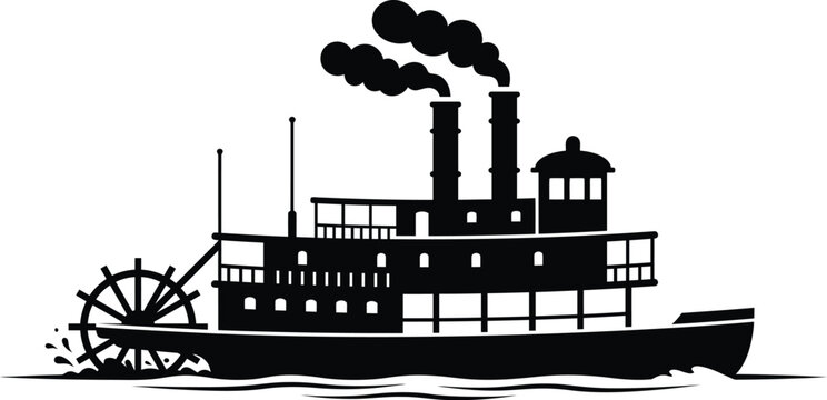 Vintage paddle steamer river boat silhouette with smokestacks and paddle wheel steamboat transportation nautical silhouette illustration isolated navigation transport historical movement