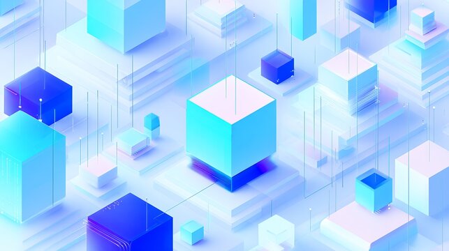Isometric Translucent 3D Data Cubes and Glowing Light Beams for Cloud Server Network Cyberspace and Futuristic Tech Backgrounds