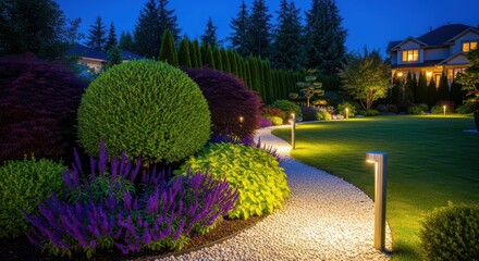 Fototapeta premium Beautifully Landscaped Backyard Garden at Night with Illuminated Gravel Path and Luxury Residential House