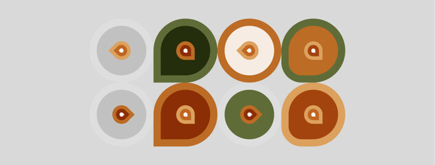 Fototapeta premium Nine circular designs feature stylized eyes. Colors include browns, greens, beige, muted tones. Minimalist pattern, geometric shapes present.