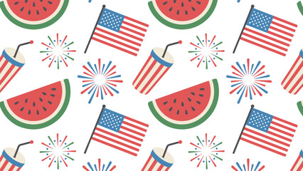Obraz premium Fourth of july seamless pattern with american flag watermelon and fireworks elements for party background.
