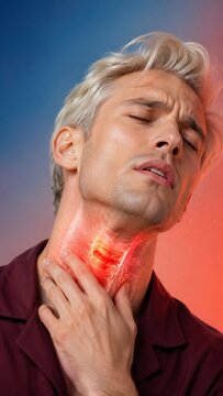 Man touching neck with red inflammation highlighting sore throat, pharyngitis or viral infection. Medical visualization of medical condition and painful throat symptom for healthcare.