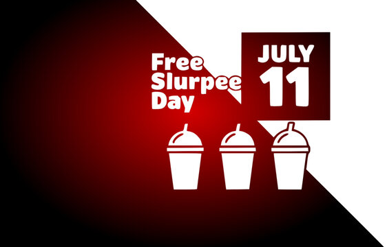 Free Slurpee Day celebration banner vector illustration featuring frozen beverage cup icons and July 11 date on an abstract red, black, and white diagonal gradient background.