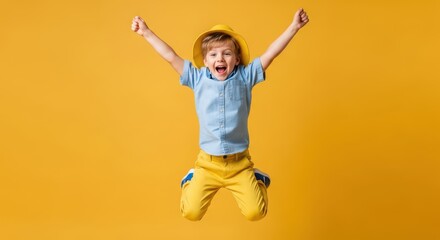Obraz premium Happy energetic young boy jumping in the air with arms raised against a bright yellow background