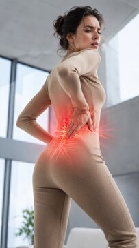 Woman suffering from severe lower back pain. Ill girl touching her spine with red highlight representing injury or ache. Medical problem, health issue, spinal disease or muscle strain.
