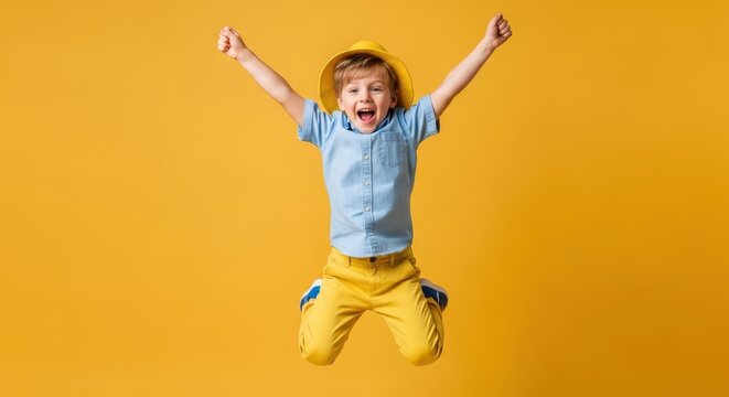 Happy energetic young boy jumping in the air with arms raised against a bright yellow background