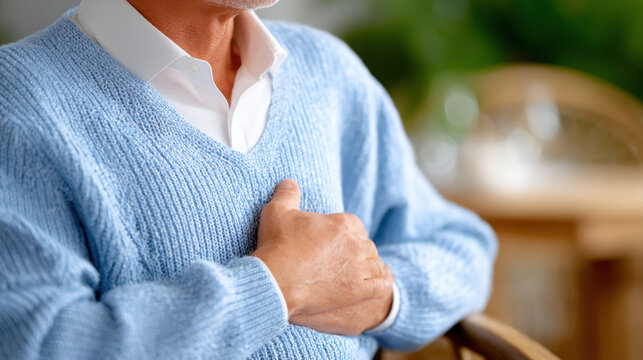 Elderly man clutching chest in pain at home for health awareness poster and medical background use