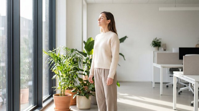 Professional woman practicing mindfulness breathing in bright office green plant area for workplace mental health wellness and nature therapy