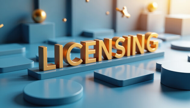Digital rights platform with LICENSING text on blue podium blocks for content usage control, online permissions, asset access and rights management.