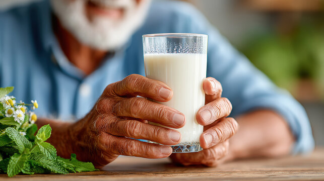 Elderly man holding a glass of milk at breakfast table with fresh herbs for healthy morning banner and background design