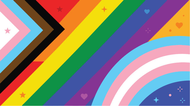 Colorful LGBTQ+ pride flag background featuring inclusive rainbow stripes, transgender colors, and decorative stars and hearts.