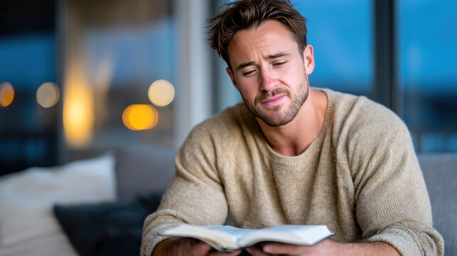 Muslim man reading quran at home on a patterned rug for quiet spiritual reflection and religious study background for peaceful interior scenes
