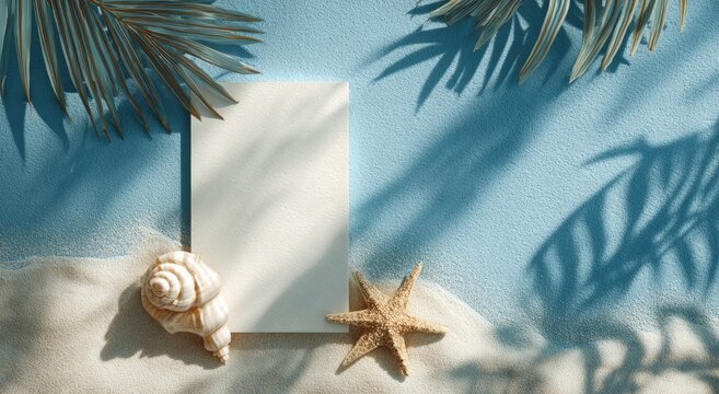 Blank card on sand with seashell, starfish, and palm fronds casting shadows