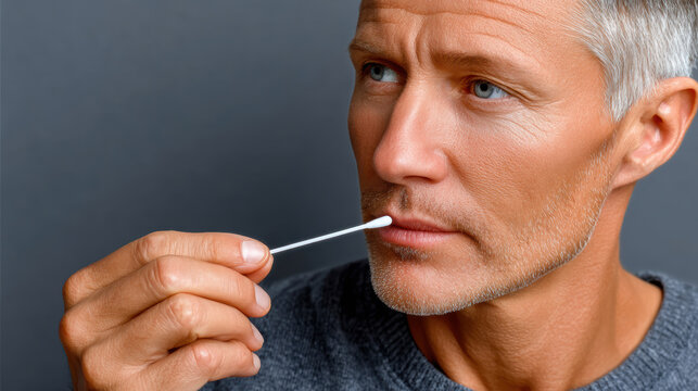 Mature man swabbing upper lip and nostril with cotton swab wearing gray sweater in neutral indoor portrait setting