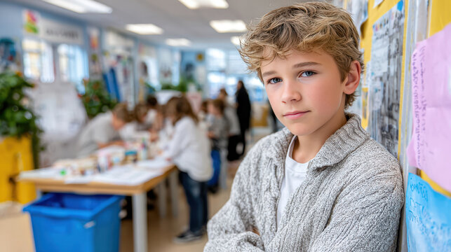 Schoolchild leaning against classroom wall left out during group activity for inclusion awareness poster and educational background